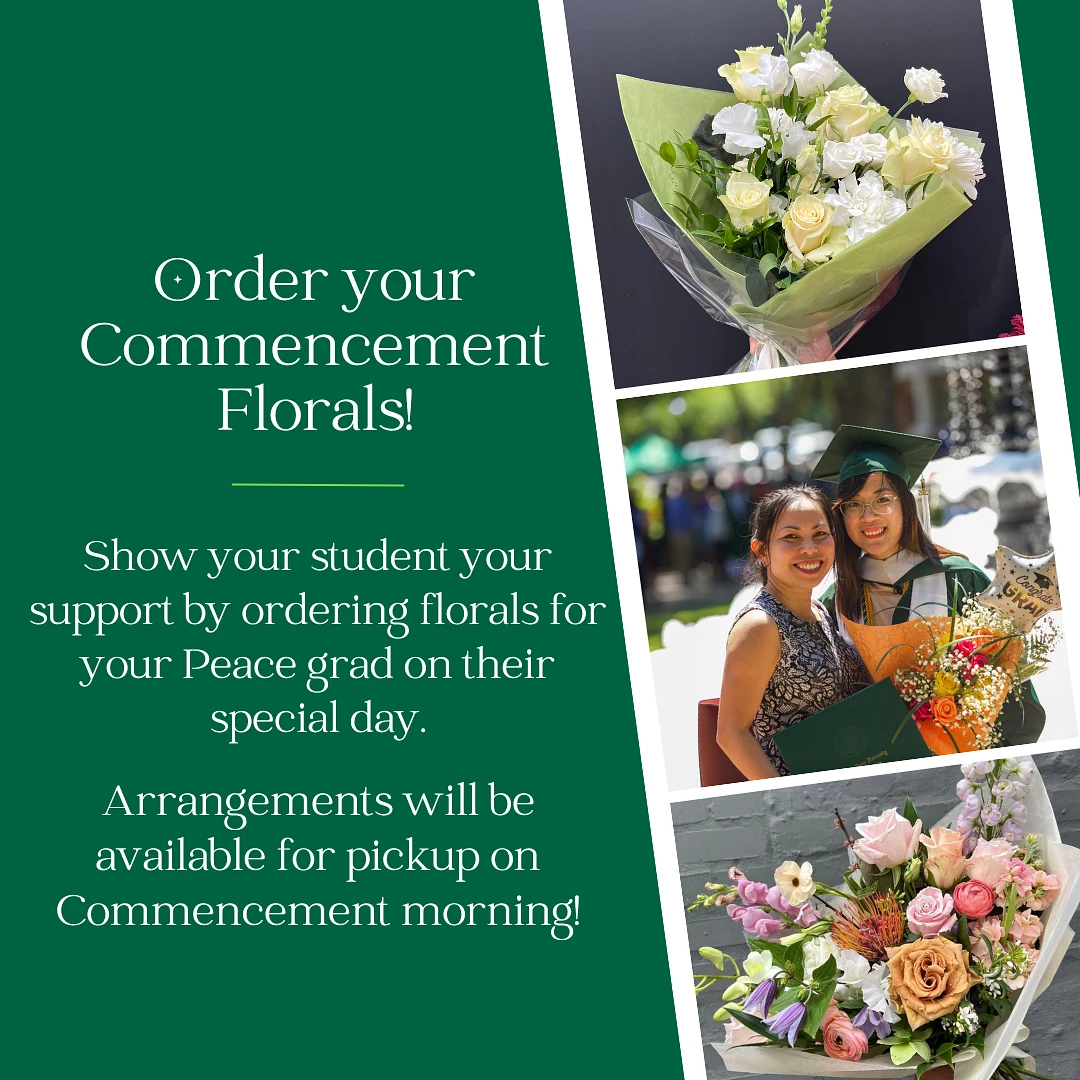 An advertisement for ordering commencement florals, featuring images of flower bouquets and a graduate with family.